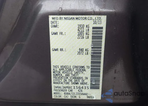 2014 Nissan Altima 2.5 Sv z USA, uszkodzony, nr VIN 1N4AL3AP6EC156435